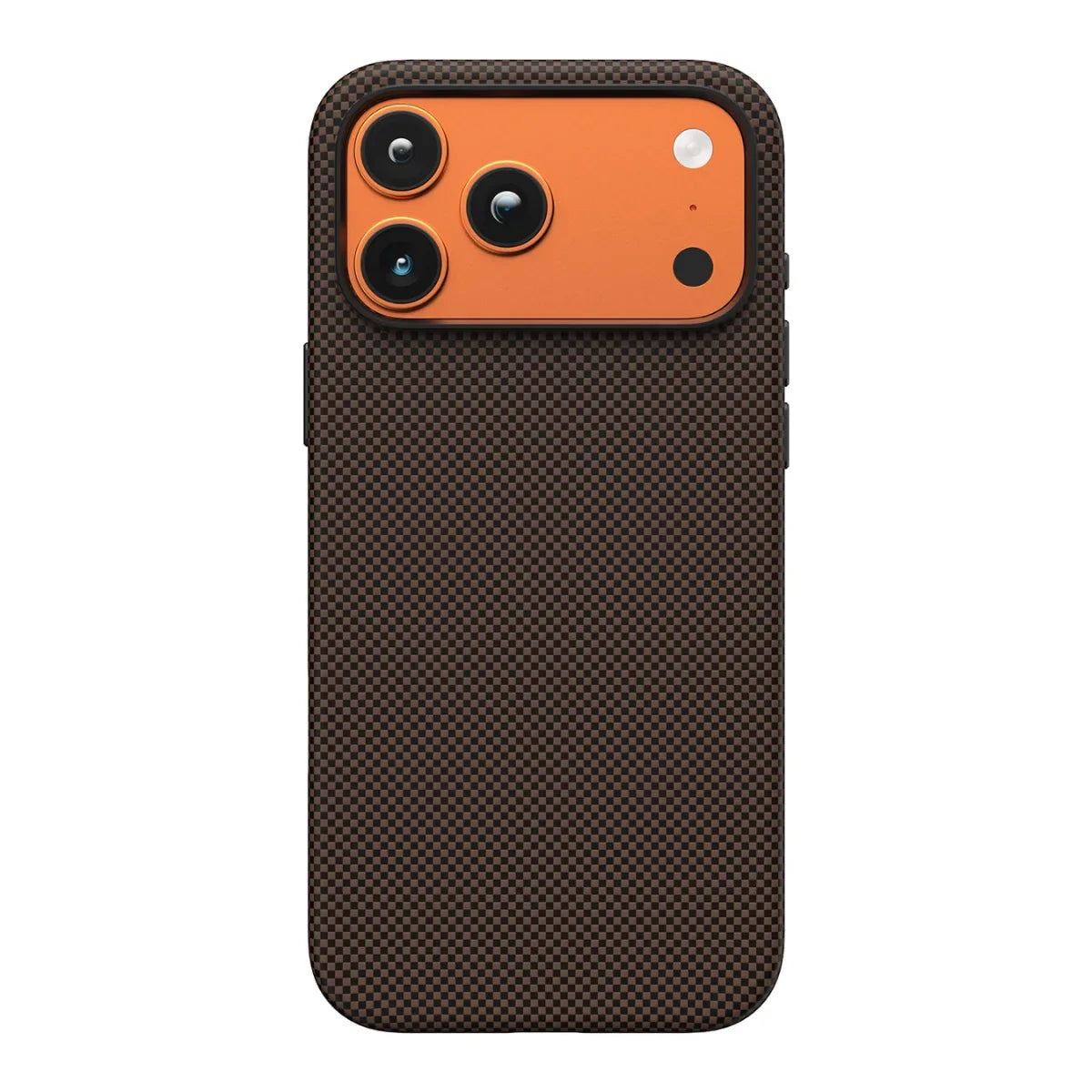 Aramid fiber chess pattern magnetic phone case for iPhone 17 pro and iPhone 17 pro max in brown and black.