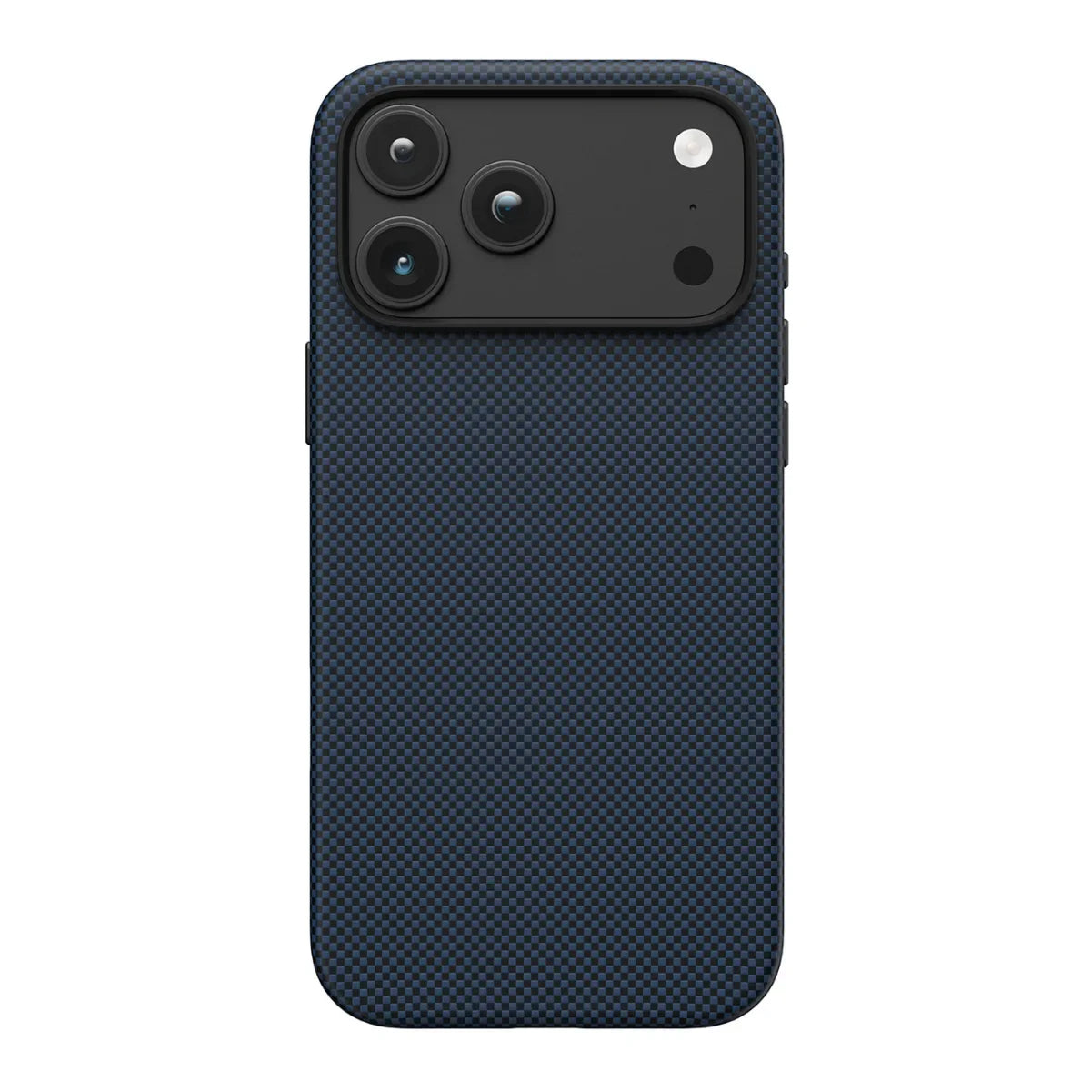 Back view of Noxcase Steel Blue aramid case with fine 1500D plain-weave texture and raised black metal camera guard for iPhone 18 Pro Max.