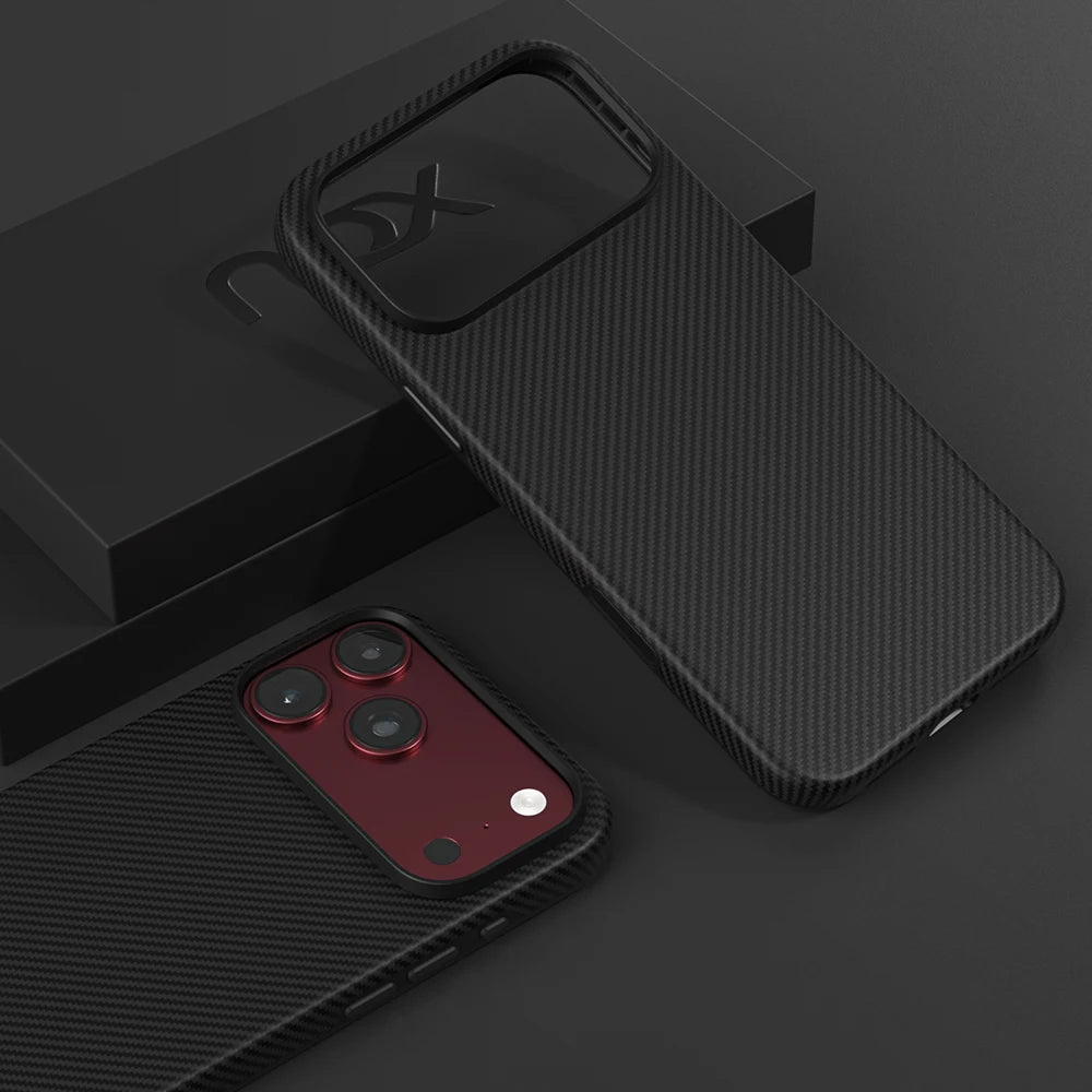 aramid fiber case for iPhone 18 Pro shown with packing box and red camera module