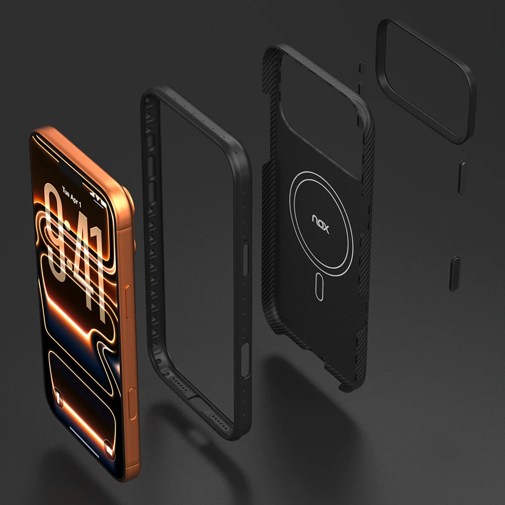 Exploded view of aramid fiber magnetic iPhone 17 pro max case showing internal MagSafe ring and protective frame layer