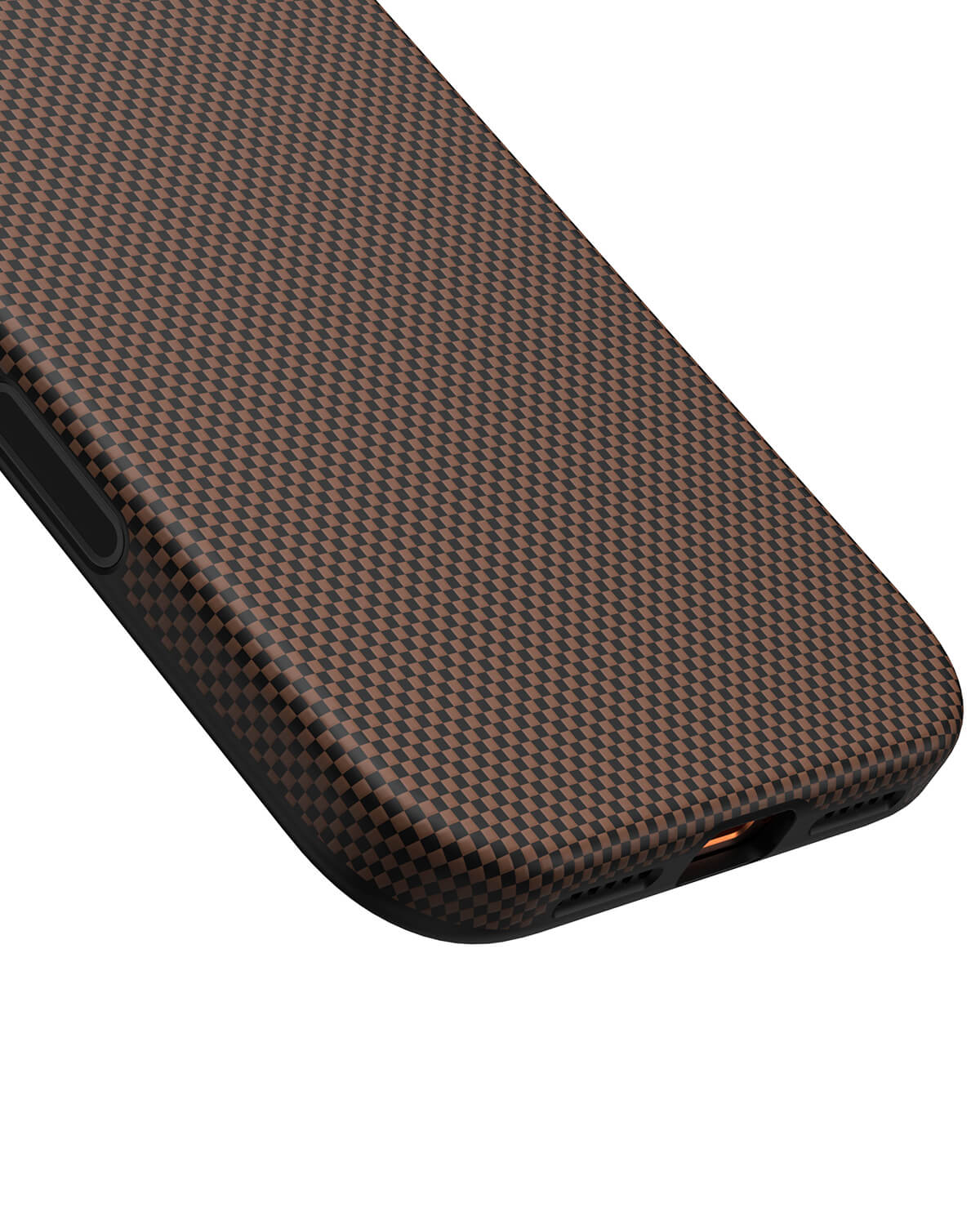 Close up of bottom precision cutouts and corner protection on brown aramid fiber case
