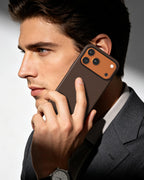 Businessman making phone call using brown checkered aramid fiber case
