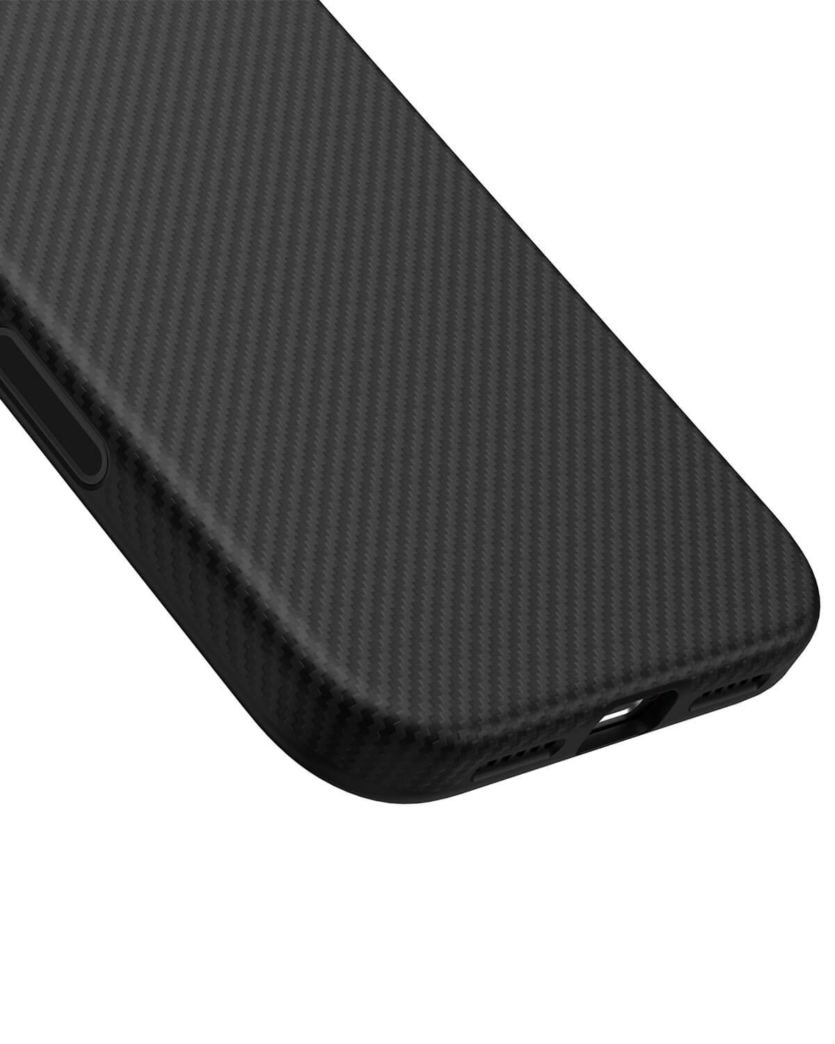 Close up of bottom precision cutouts and corner protection on carbon black aramid fiber case