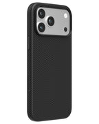 Carbon black twill weave aramid fiber iPhone case with silver metal camera ring side view