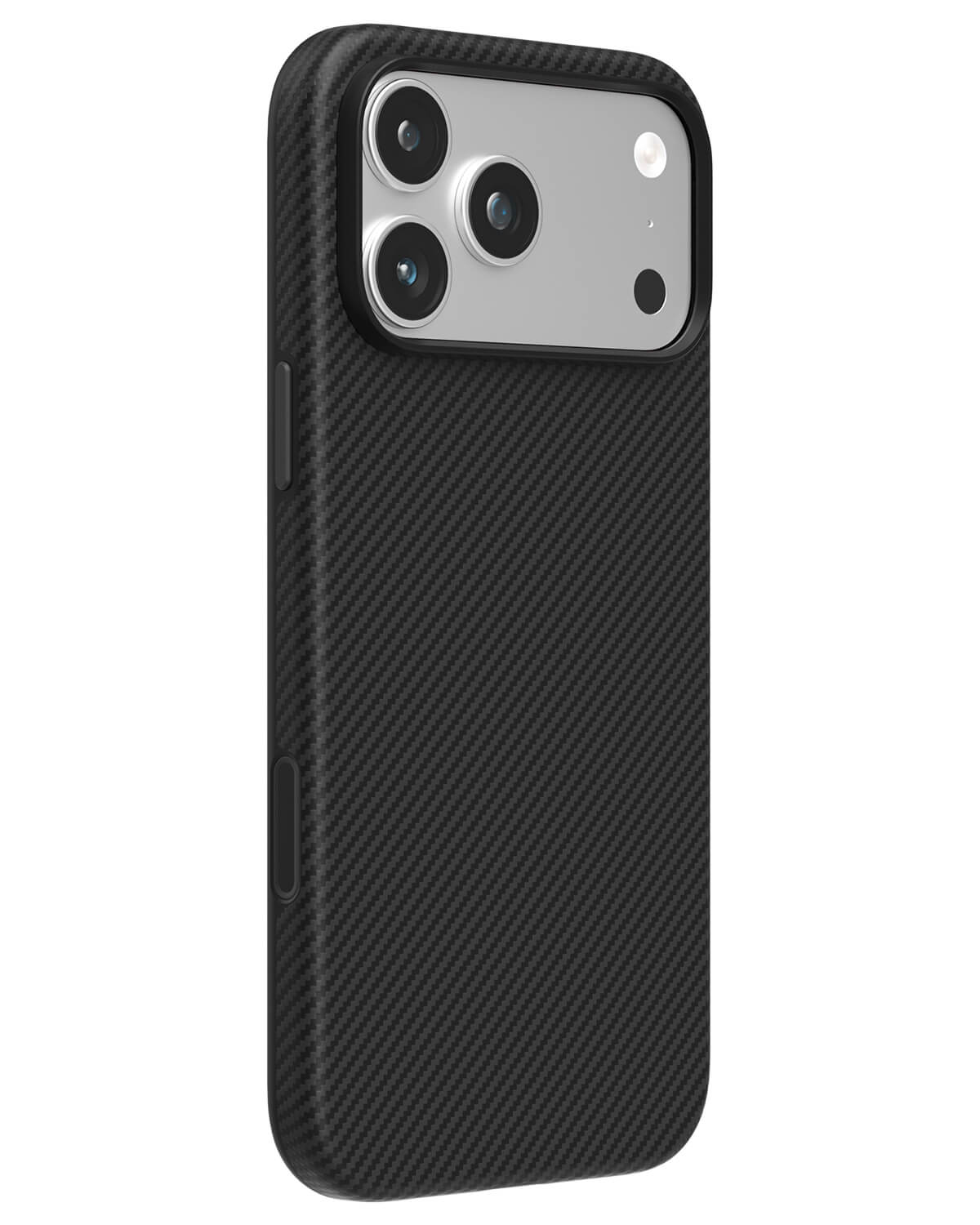 Carbon black twill weave aramid fiber iPhone case with silver metal camera ring side view