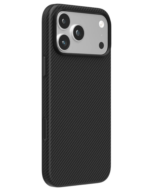 Carbon black twill weave aramid fiber iPhone case with silver metal camera ring side view
