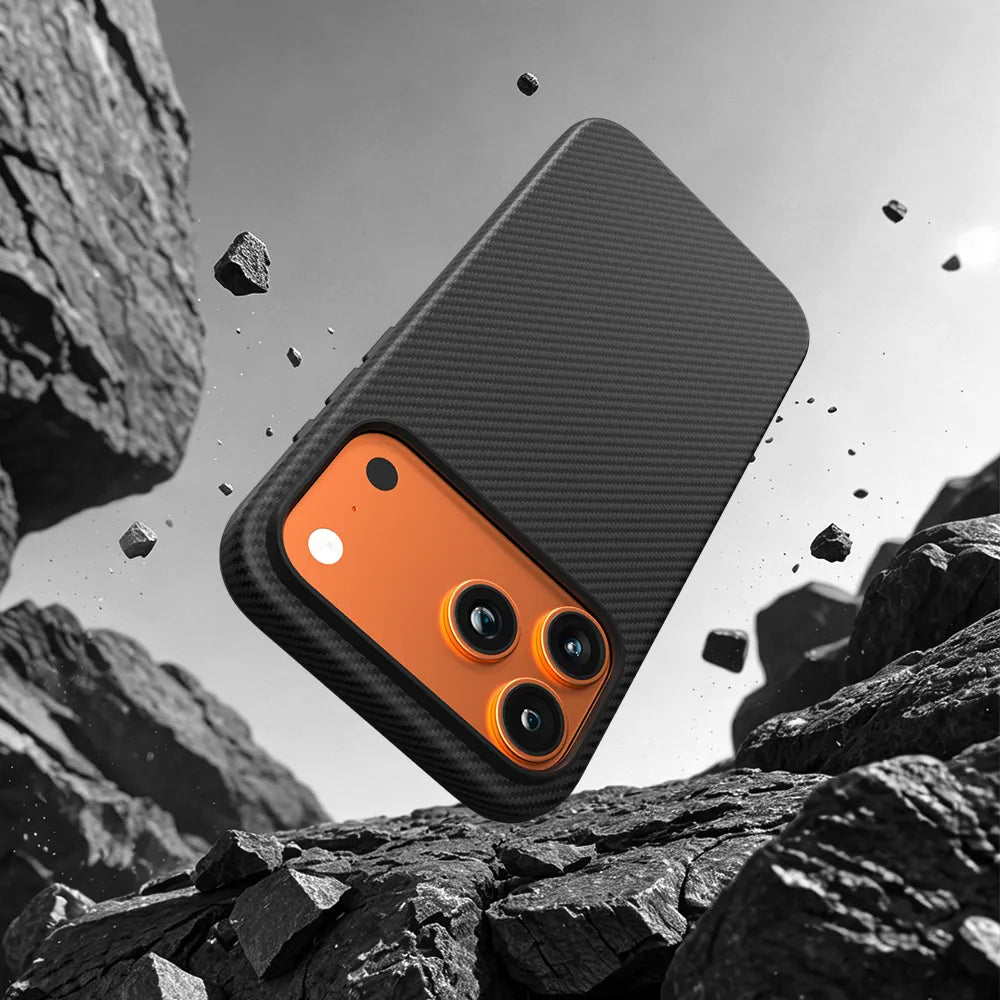 Shockproof aramid fiber iPhone  17 pro case falling on rocks demonstrating heavy duty drop protection