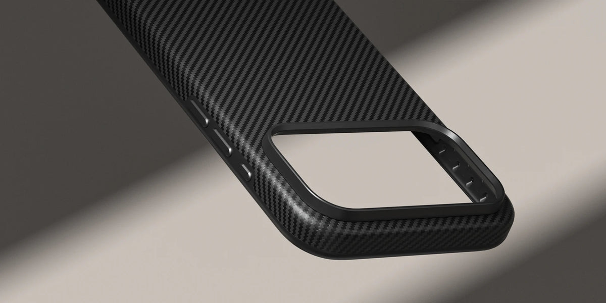Precision co-molded TPU frame and 600D aramid fiber texture on an iPhone 18 Pro case.