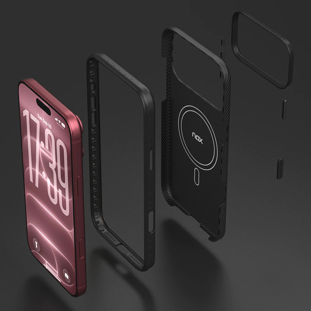 Exploded view of Noxcase iPhone 18 Pro Max case showing TPU frame, built-in MagSafe magnetic ring, and 1500D aramid fiber backplate