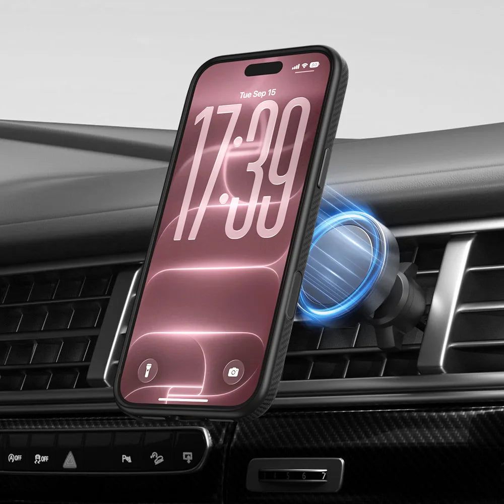iPhone 18 Pro Max aramid fiber case magnetically snapped onto car air vent MagSafe mount