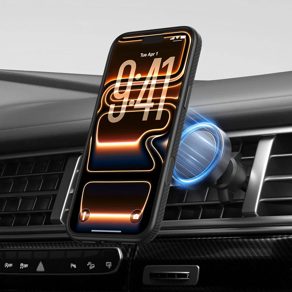 iPhone 17 pro max in aramid fiber case attached to magnetic car mount holder on air vent