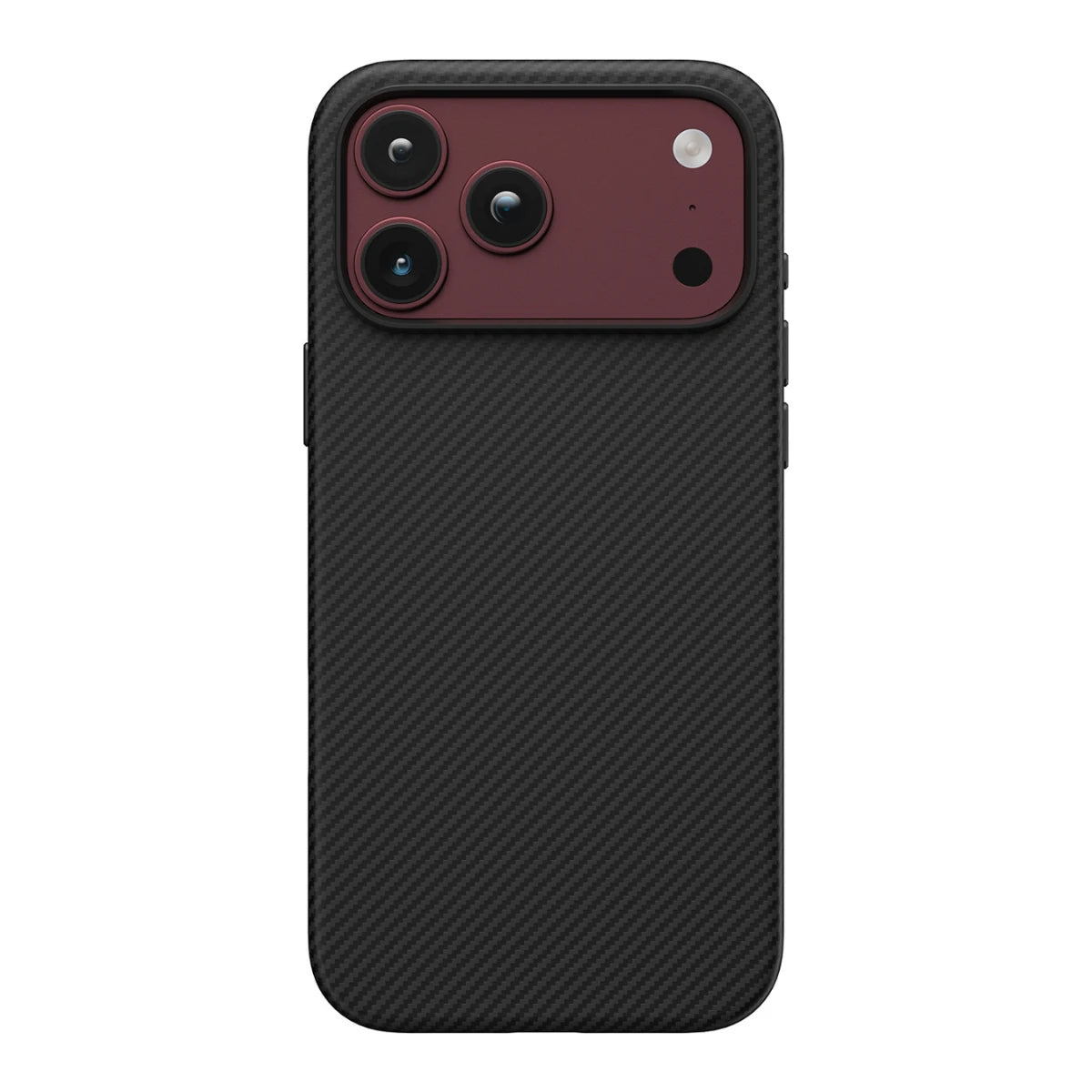 Direct rear view of Noxcase Carbon Black aramid case featuring classic 600D diagonal weave pattern and raised camera lens guard for iPhone 18 Pro and iPhone 18 Pro Max.