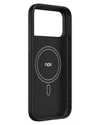 Inside view of NOX Carbon Black aramid case showing integrated MagSafe magnetic alignment ring and interior corner drop protection.