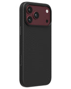 NOX Carbon Black aramid fiber phone case for iPhone 18 Pro showing full back profile, shockproof TPU bumper, and protective camera ring.