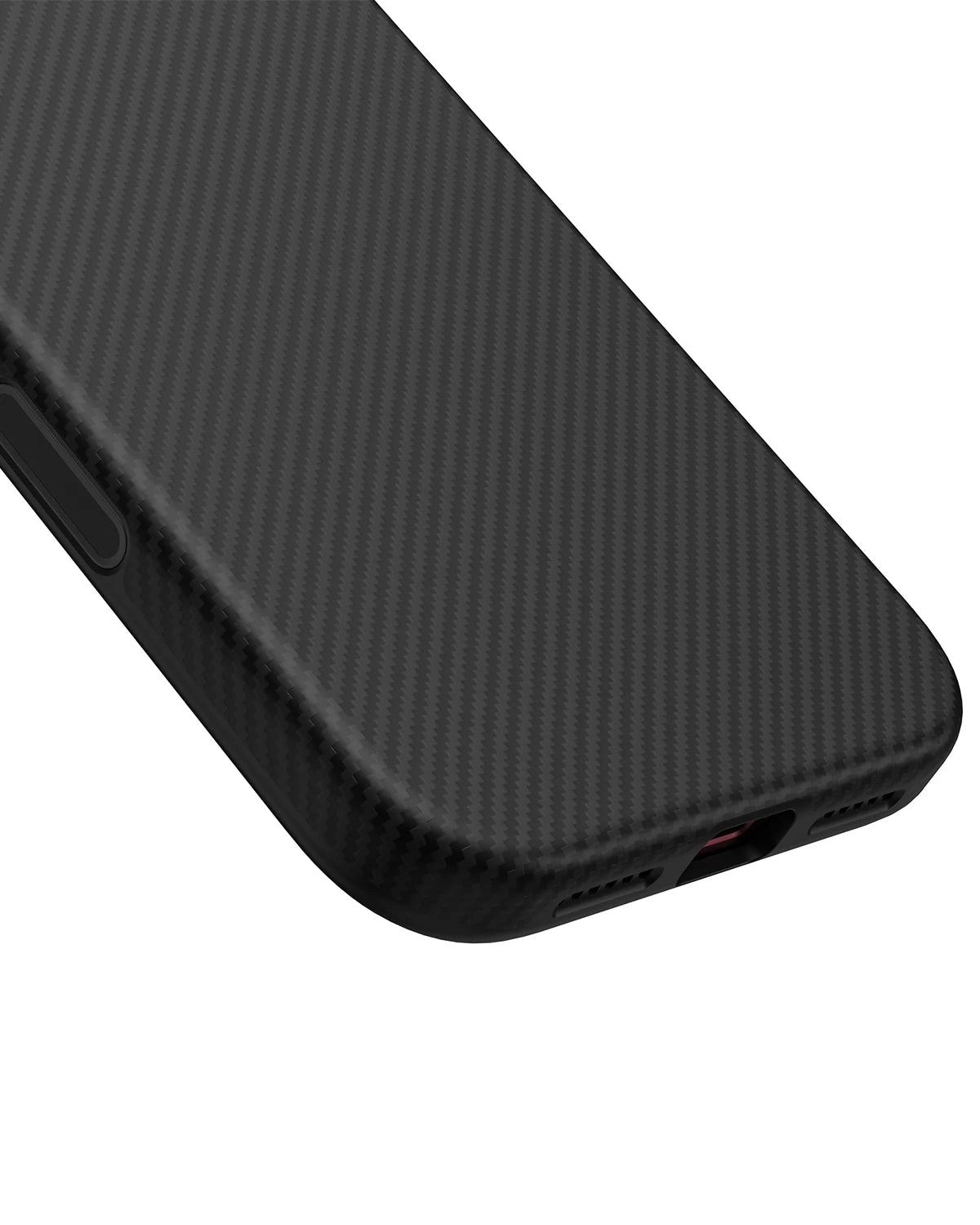 Macro detailed shot of NOX Carbon Black aramid fiber twill weave structure with precise speaker cutouts and USB-C port opening.