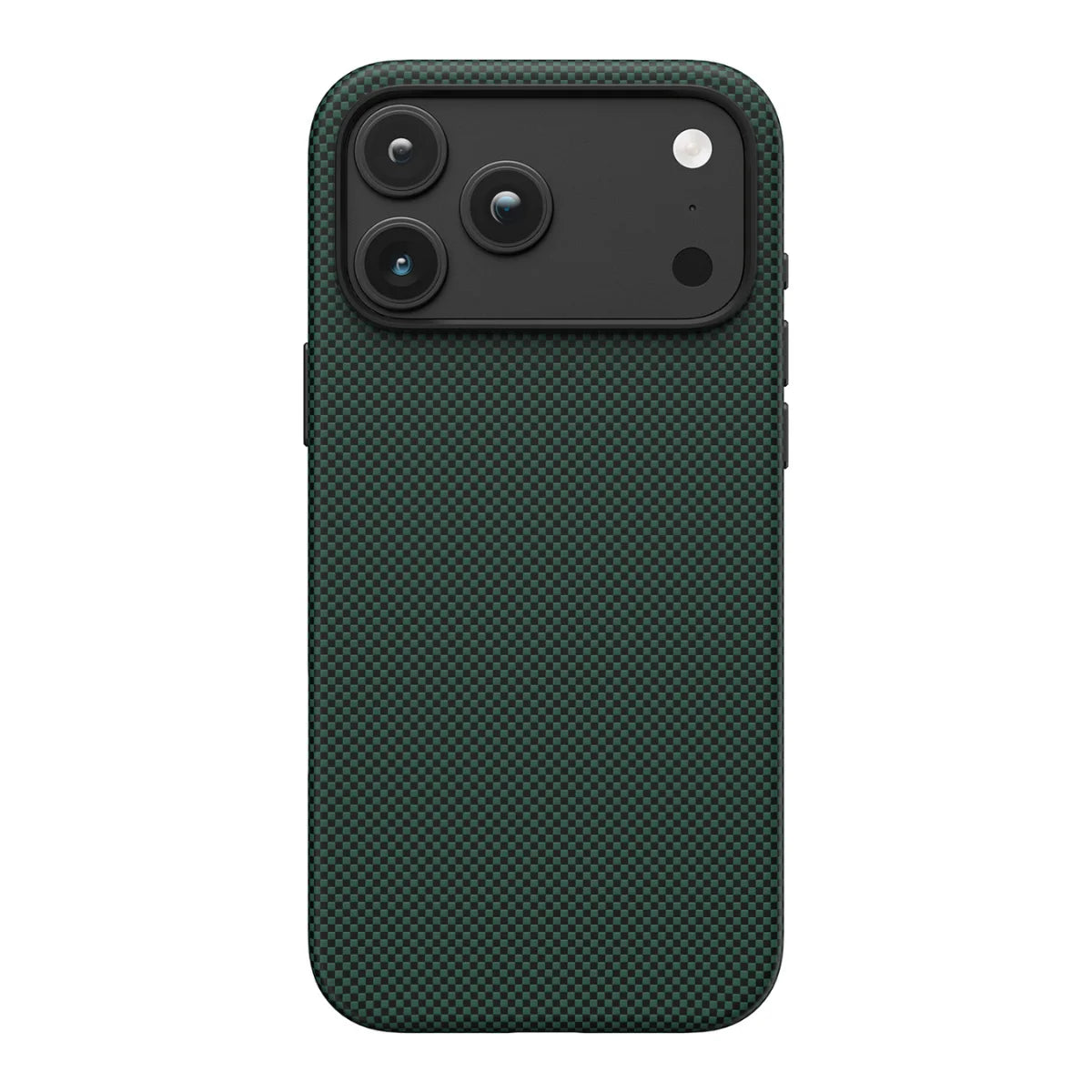Back view of NoxCase Pine Green aramid case with 1500D grid-weave pattern and raised black camera guard for iPhone 18 Pro and 18 Pro Max.