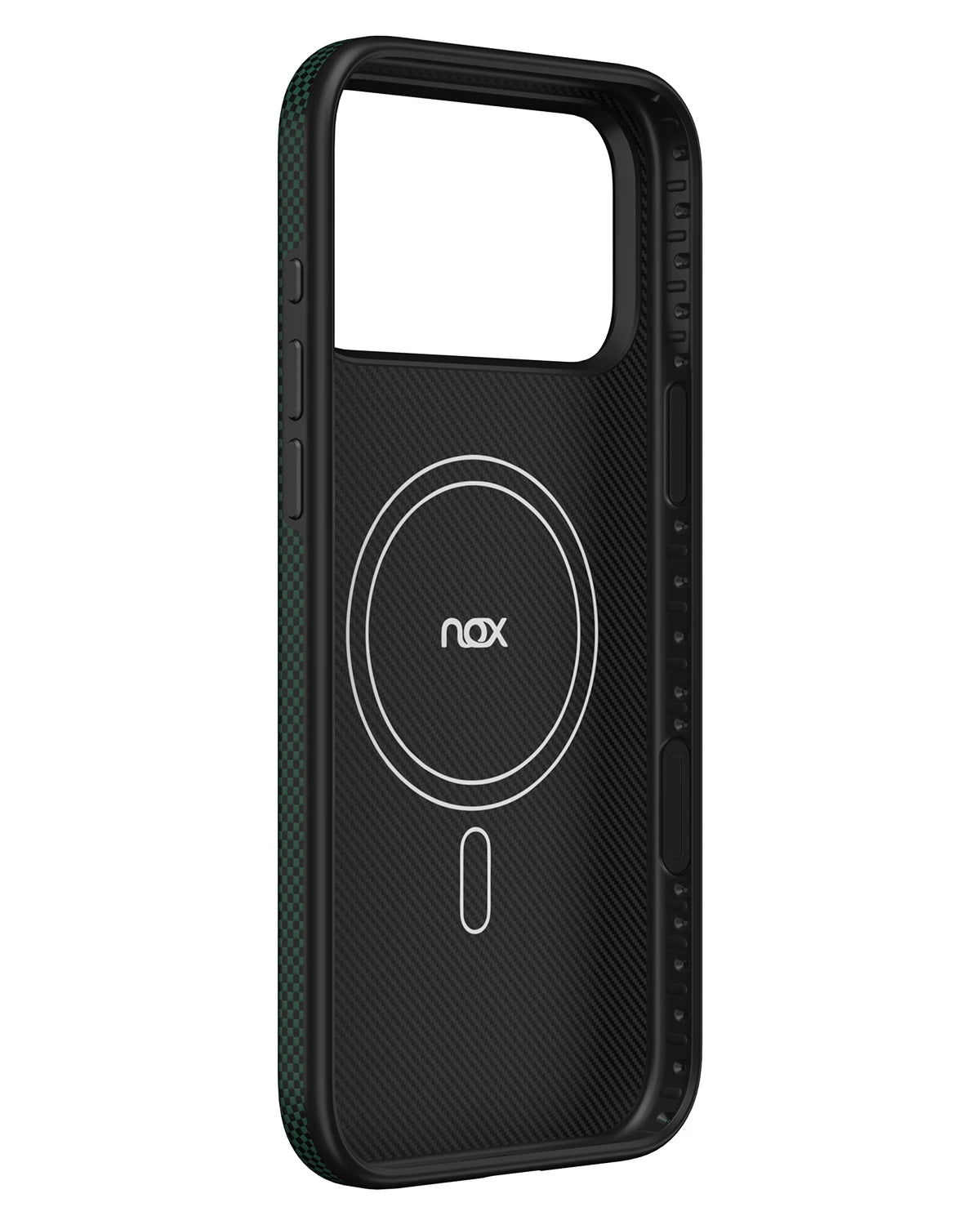 Interior layout of NOX Pine Green aramid case displaying magnetic N52 MagSafe ring and shock-absorbing TPU frame.