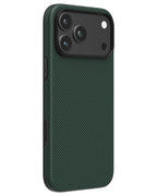 NOX Pine Green aramid fiber phone case for iPhone 18 Pro featuring protective black TPU bumper and matte camera bezel.