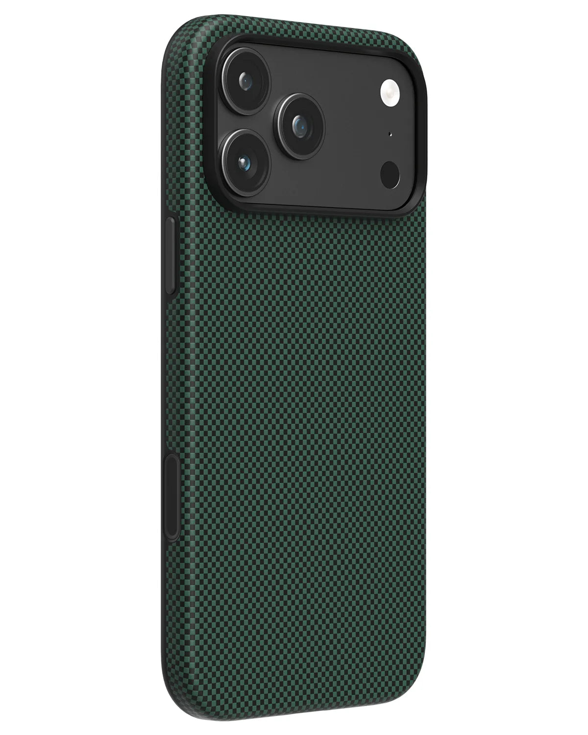 NOX Pine Green aramid fiber phone case for iPhone 18 Pro featuring protective black TPU bumper and matte camera bezel.