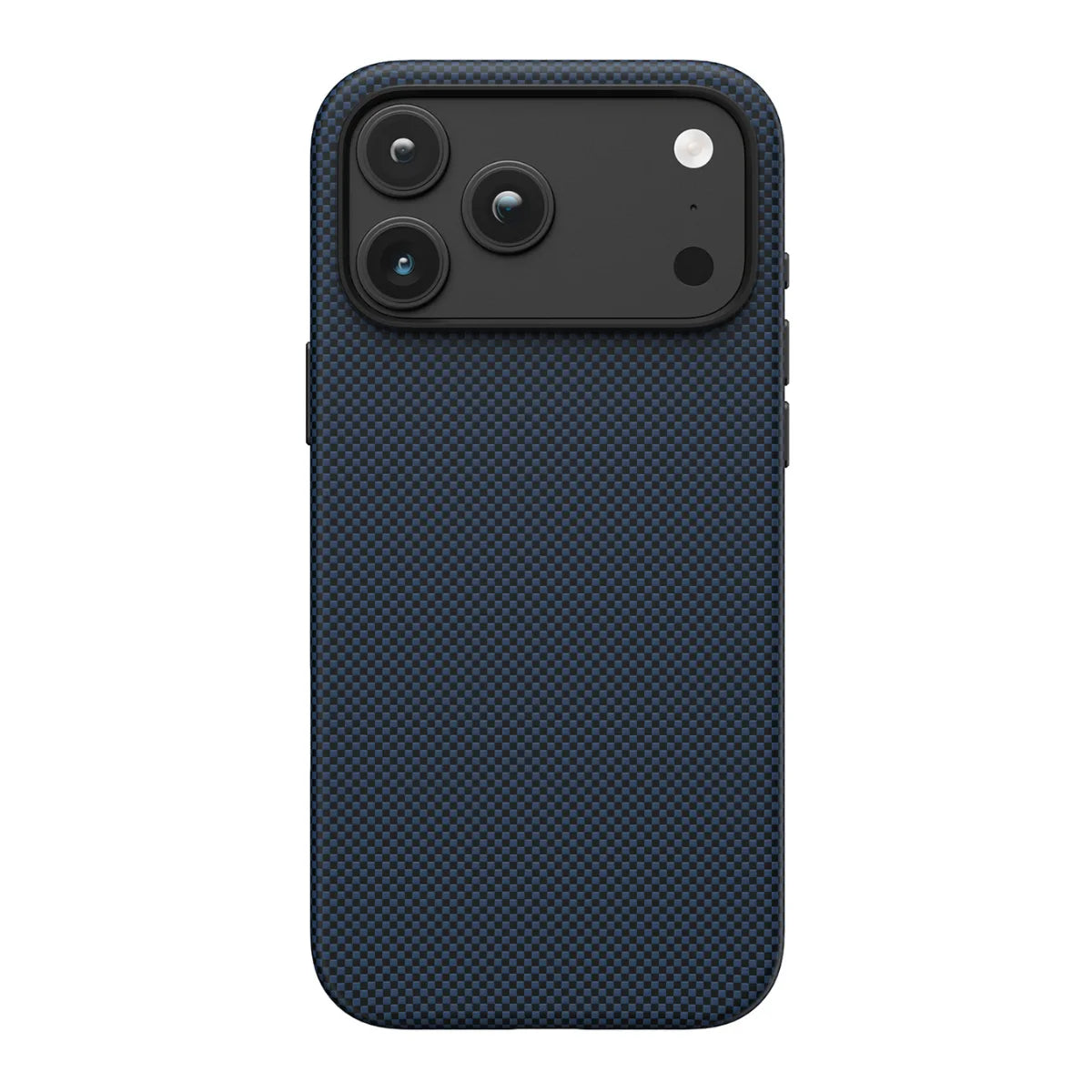 Back view of Noxcase Steel Blue aramid case with fine 1500D plain-weave texture and raised black metal camera guard for iPhone 18 Pro Max.