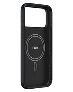 Interior layout of NOX Steel Blue aramid case highlighting N52 MagSafe magnetic ring array and shockproof TPU side bumpers.