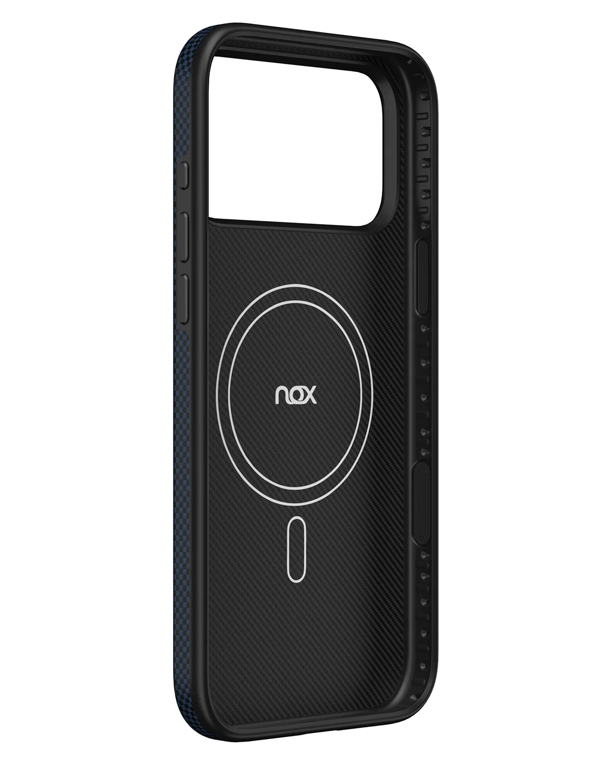 Interior layout of NOX Steel Blue aramid case highlighting N52 MagSafe magnetic ring array and shockproof TPU side bumpers.