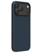 NOX Steel Blue aramid fiber phone case for iPhone 18 Pro featuring protective shock-absorbing black TPU frame and matte camera ring.