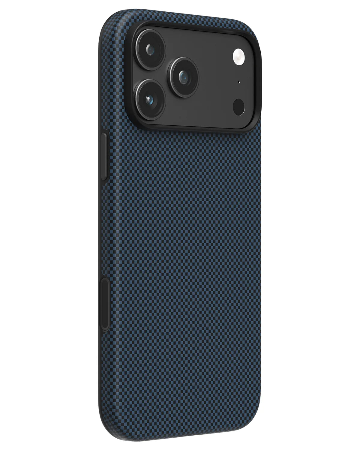 NOX Steel Blue aramid fiber phone case for iPhone 18 Pro featuring protective shock-absorbing black TPU frame and matte camera ring.