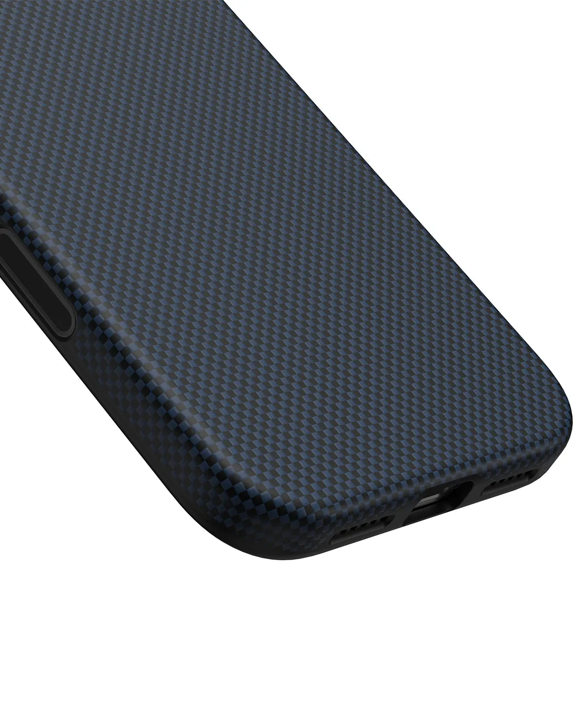 Macro close-up shot of NOX Steel Blue 1500D aramid fiber grid weave and precision cutouts for USB-C and speaker ports.