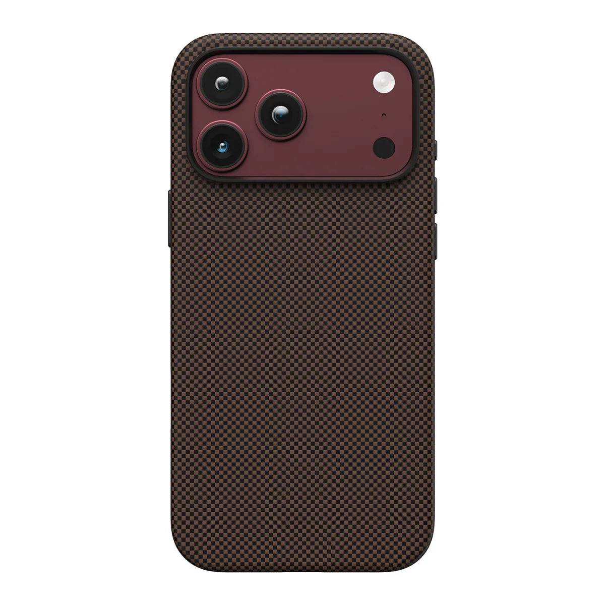 Back view of Noxcase Sunset Copper aramid case with 1500D plain-weave texture and raised camera guard for iPhone 18 Pro and 18 pro max