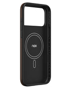 Interior view of NOX Sunset Copper aramid case showing embedded N52 MagSafe magnetic ring and shockproof TPU bumper.