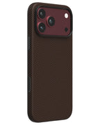 NOX Sunset Copper aramid fiber phone case for iPhone 18 Pro featuring drop-tested black TPU frame and crimson camera bezel.