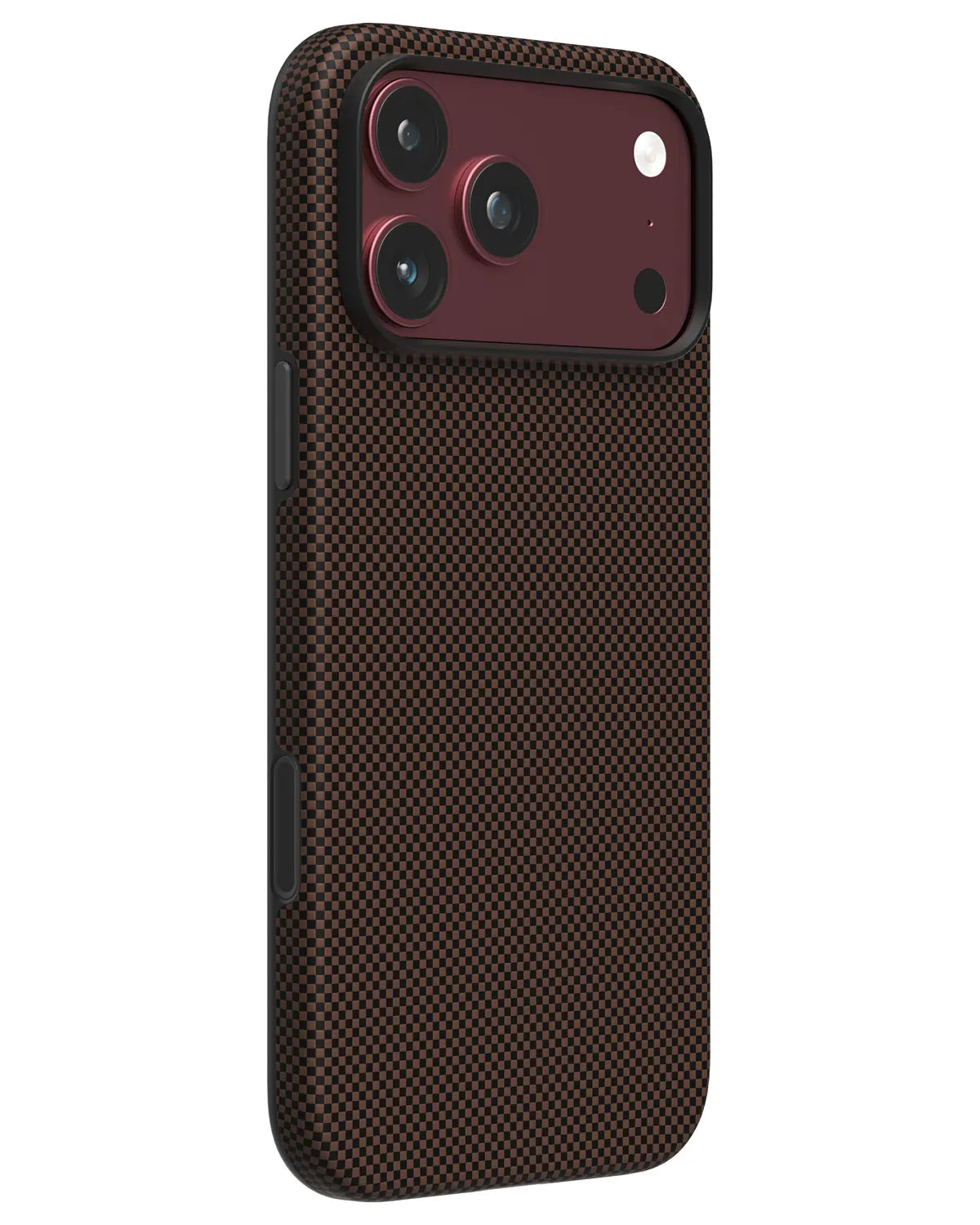 NOX Sunset Copper aramid fiber phone case for iPhone 18 Pro featuring drop-tested black TPU frame and crimson camera bezel.
