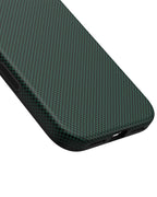 Close up of bottom precision cutouts and corner protection on pine green aramid fiber case