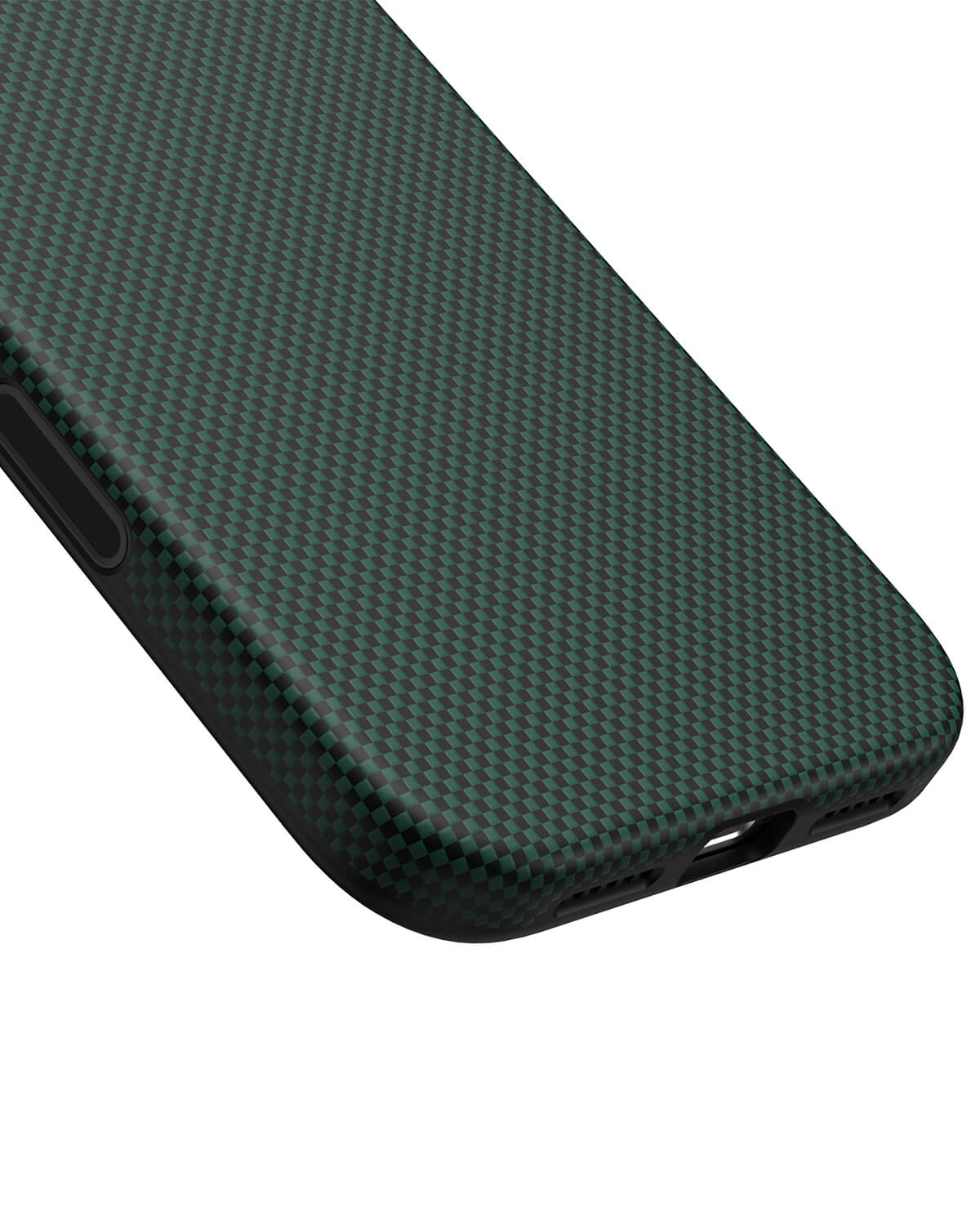 Close up of bottom precision cutouts and corner protection on pine green aramid fiber case