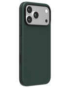 Pine green checkered aramid fiber iPhone case with silver metal camera ring side view