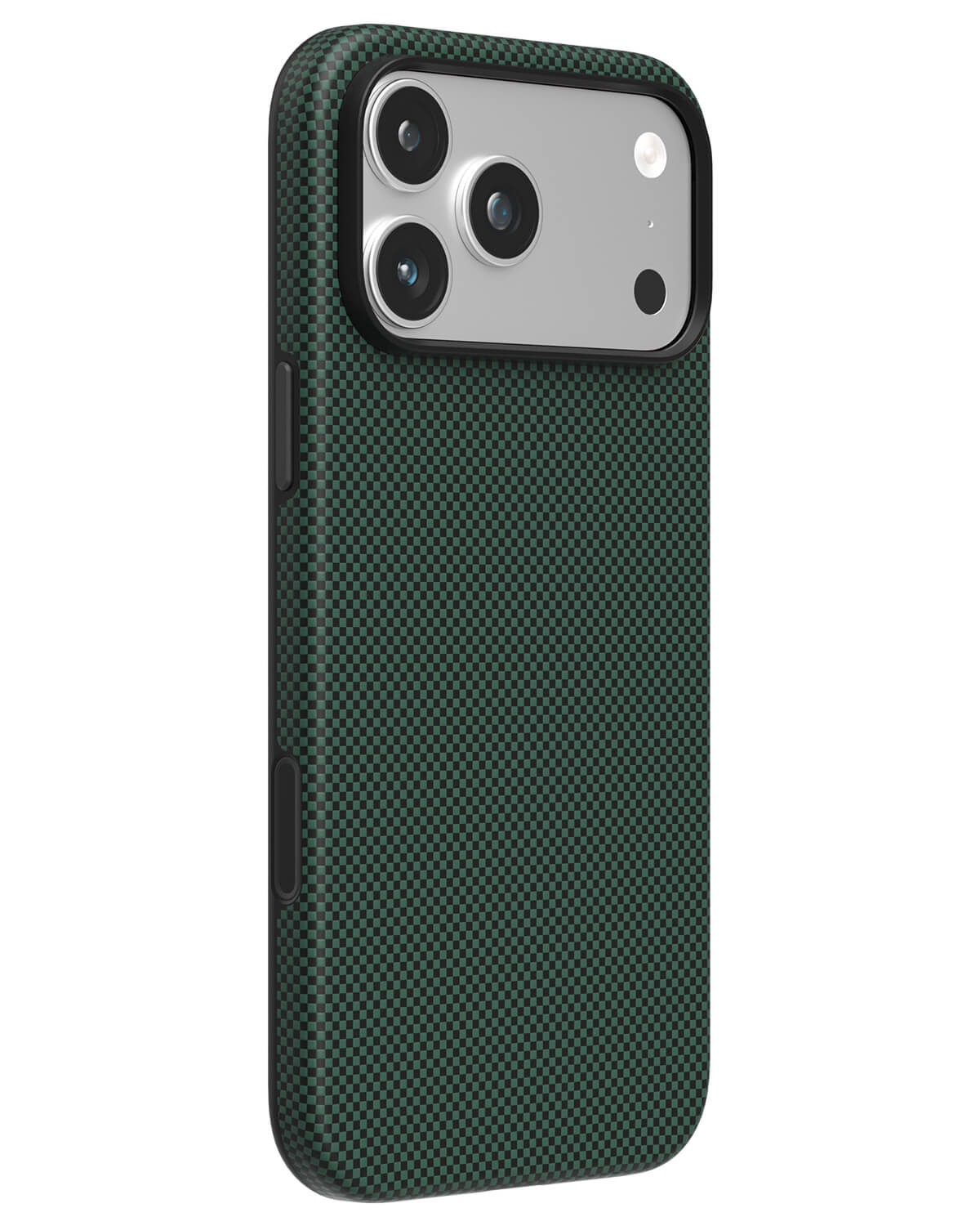 Pine green checkered aramid fiber iPhone case with silver metal camera ring side view