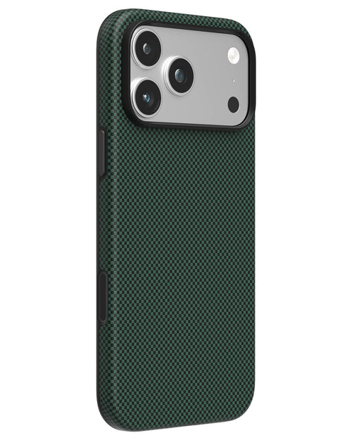Pine green checkered aramid fiber iPhone case with silver metal camera ring side view