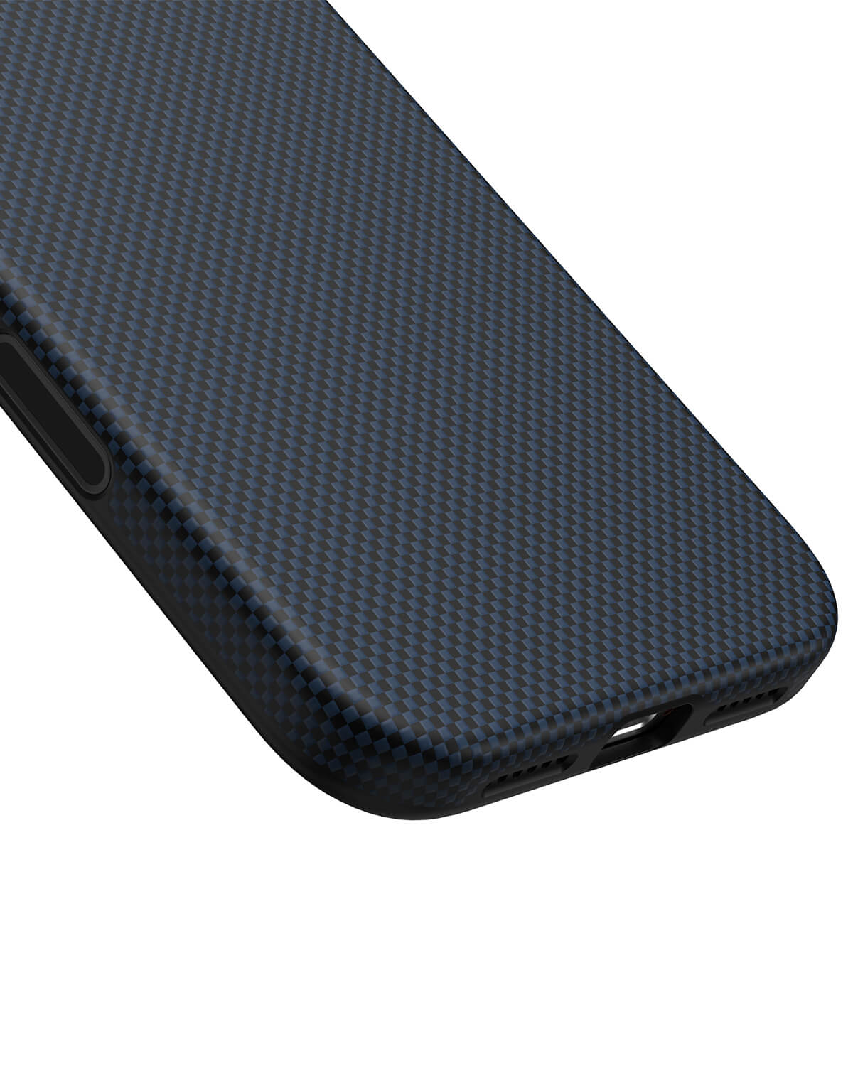 Close up of bottom precision cutouts and corner protection on steel blue aramid fiber case