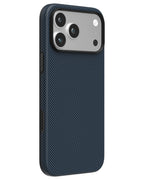 Steel blue checkered aramid fiber iPhone case with silver metal camera ring side view